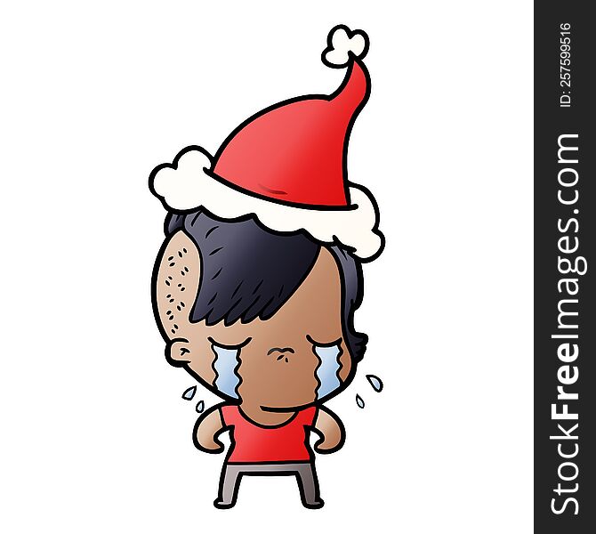Gradient Cartoon Of A Crying Girl Wearing Santa Hat