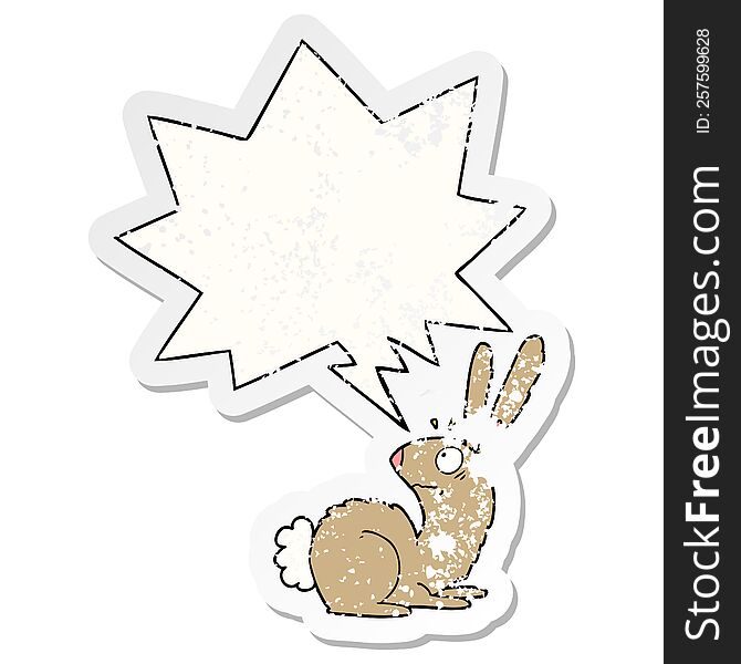 cartoon startled bunny rabbit with speech bubble distressed distressed old sticker. cartoon startled bunny rabbit with speech bubble distressed distressed old sticker