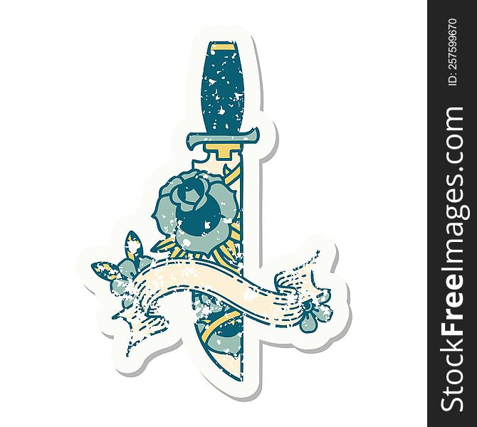 Grunge Sticker With Banner Of A Dagger And Flowers