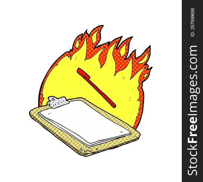 freehand drawn cartoon clip board on fire