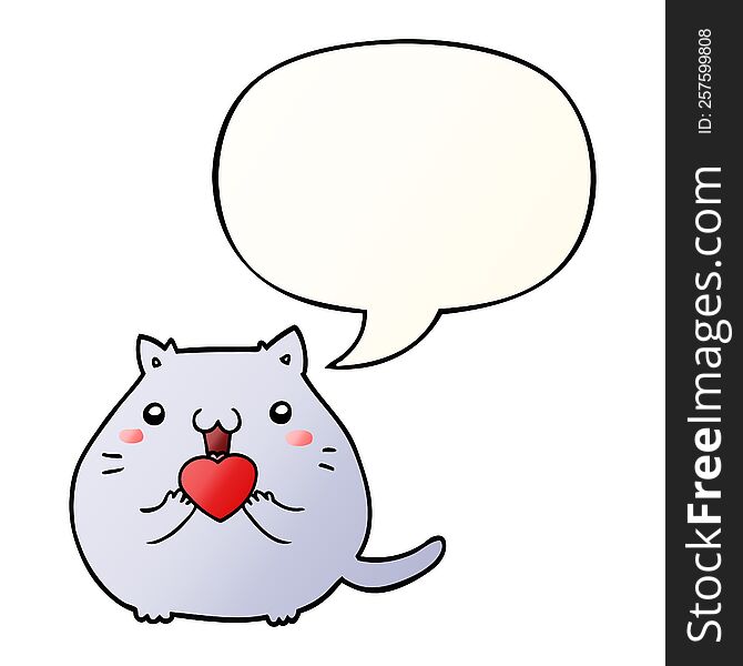 Cute Cartoon Cat In Love And Speech Bubble In Smooth Gradient Style