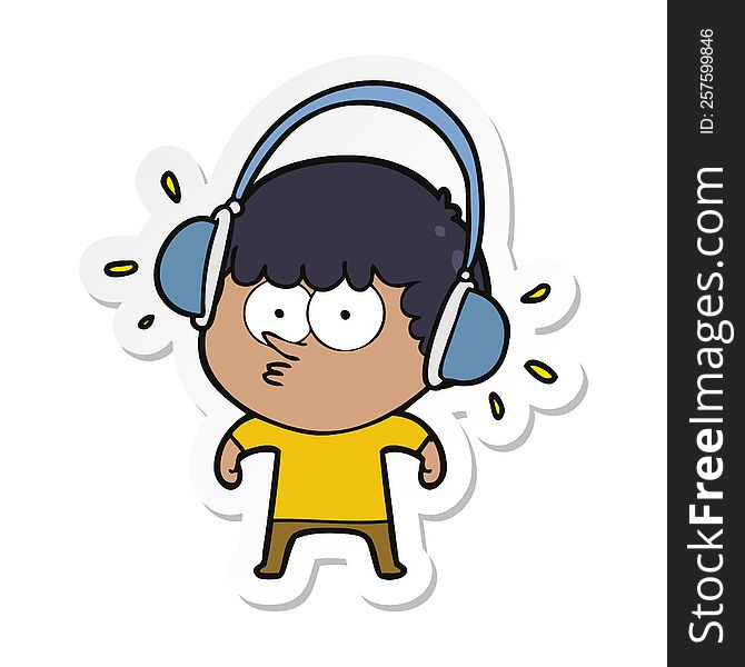 Sticker Of A Cartoon Boy Listening To Headphones