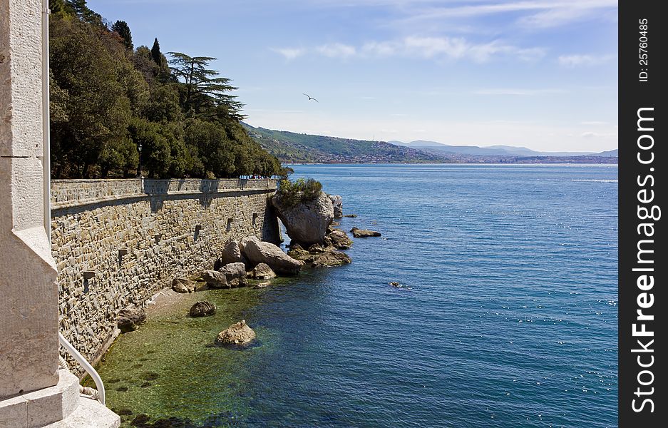 The Gulf of Trieste's Adriatic coastline from Miramare Castle park. The Gulf of Trieste's Adriatic coastline from Miramare Castle park.