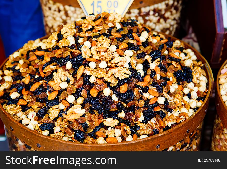 Dried fruit and nuts mix at Istanbul market