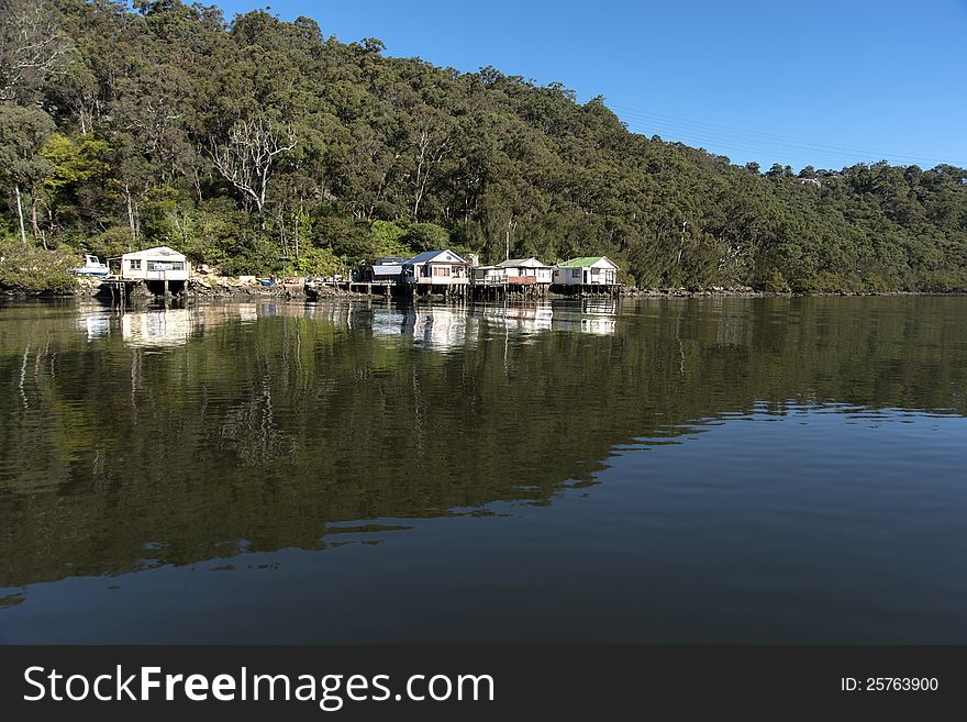 Fishermens Cottages on the Georges River Sydney. Copyspace.
