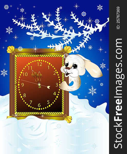 Christmas card with white rabbit looking out of clock around midnight.