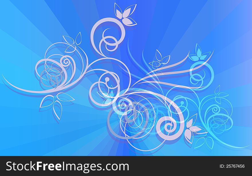 Floral ornament on blue rays background.