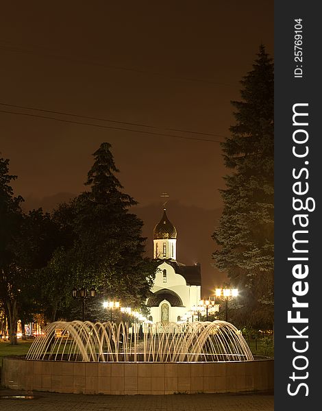Fountain in front of the temple night Balashikha