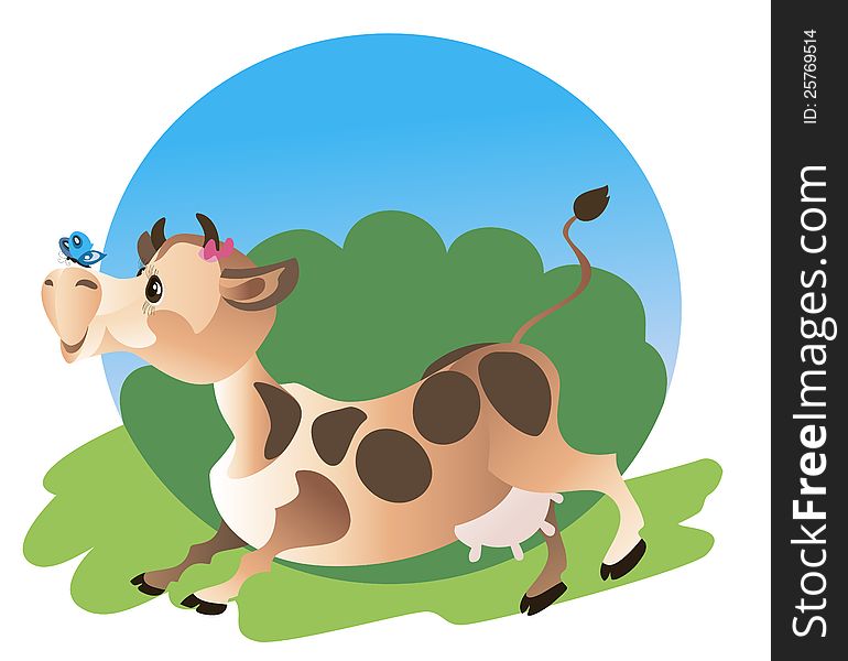 Cute comical cow is running on green meadow. Cute comical cow is running on green meadow