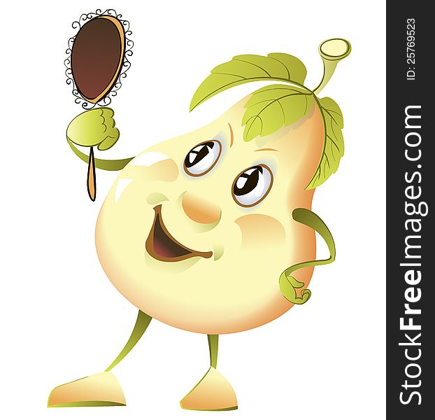 Yellow Pear Cartoon Character with a mirror. Yellow Pear Cartoon Character with a mirror