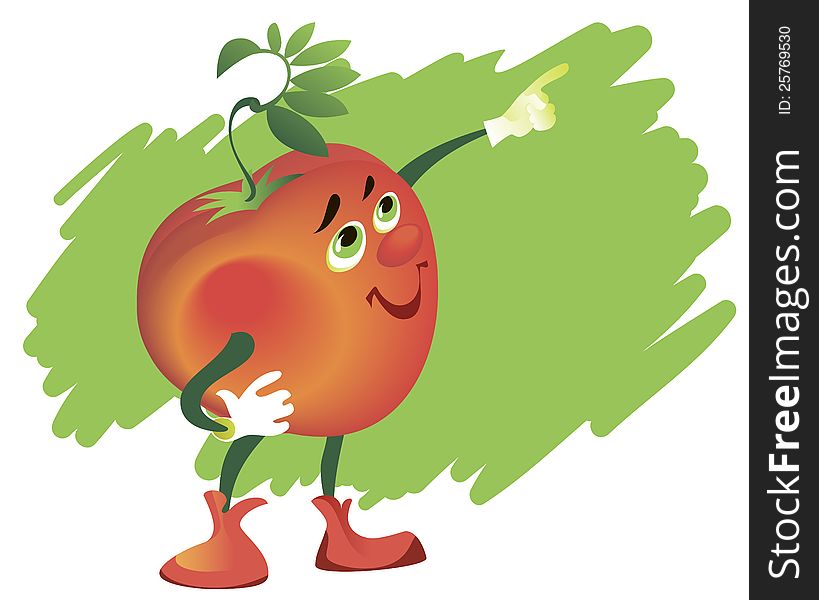 Comic ripe and juicy Tomato Cartoon Character in white gloves. Comic ripe and juicy Tomato Cartoon Character in white gloves