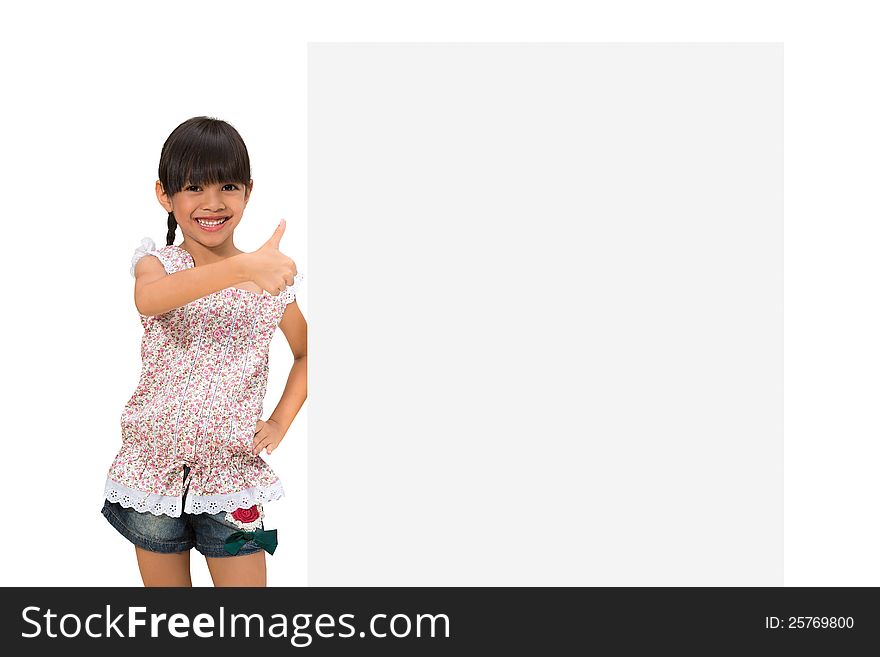 Little girl looking out of the blank sheet of paper, Isolated on white with clipping path