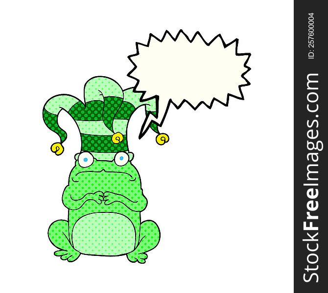 Comic Book Speech Bubble Cartoon Nervous Frog Wearing Jester Hat