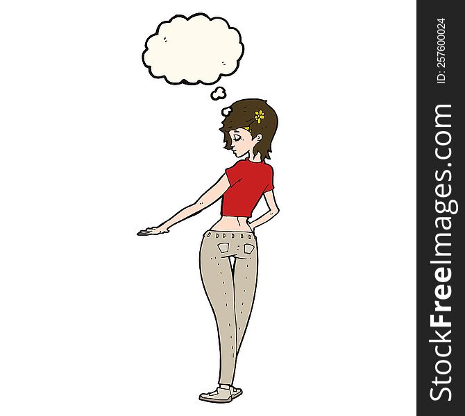 cartoon pretty girl in jeans and tee with thought bubble