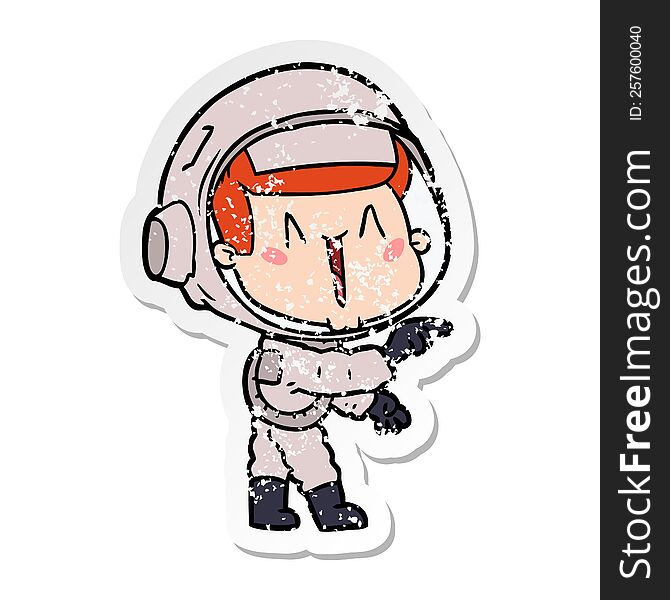distressed sticker of a happy cartoon astronaut pointing