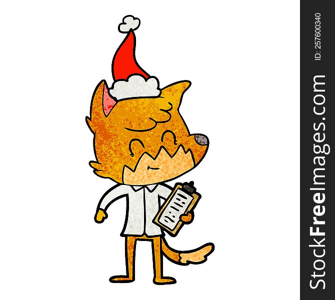 hand drawn textured cartoon of a friendly fox manager wearing santa hat