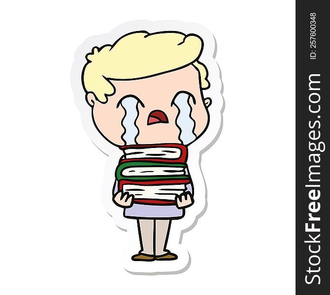 sticker of a cartoon man crying over stack of books