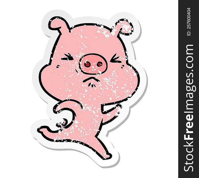 Distressed Sticker Of A Cartoon Annoyed Pig Running