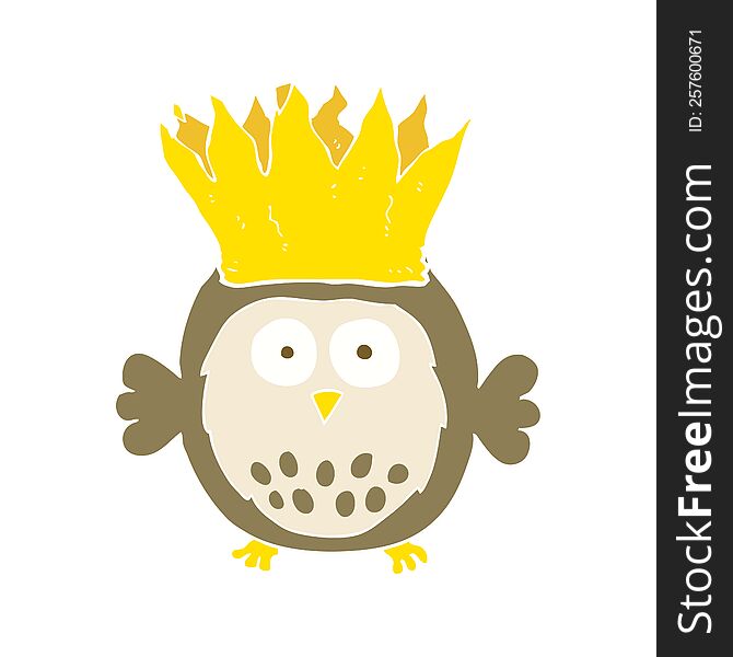 flat color illustration of a cartoon owl wearing paper crown christmas hat