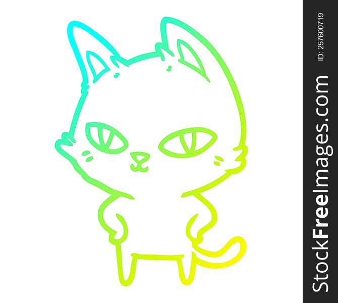 cold gradient line drawing of a cartoon cat with bright eyes