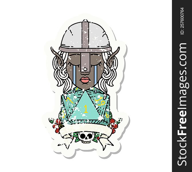 Retro Tattoo Style crying elf fighter character face with natural one D20 roll. Retro Tattoo Style crying elf fighter character face with natural one D20 roll
