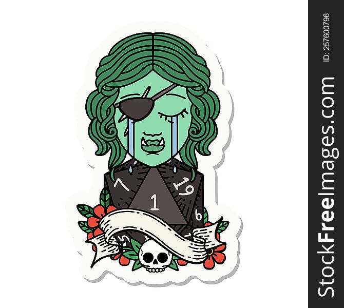 sticker of a crying orc rogue character face with natural one D20 roll. sticker of a crying orc rogue character face with natural one D20 roll