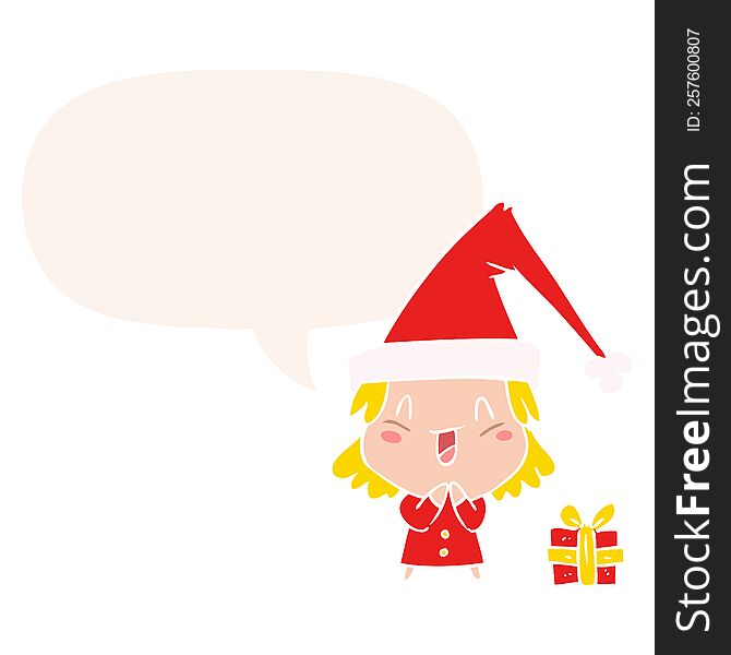 Cartoon Girl Wearing Christmas Hat And Speech Bubble In Retro Style