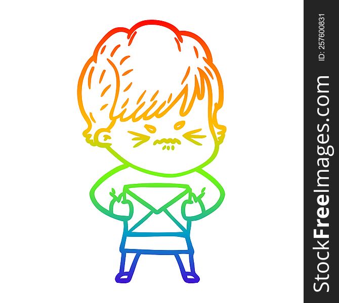 rainbow gradient line drawing of a cartoon frustrated woman