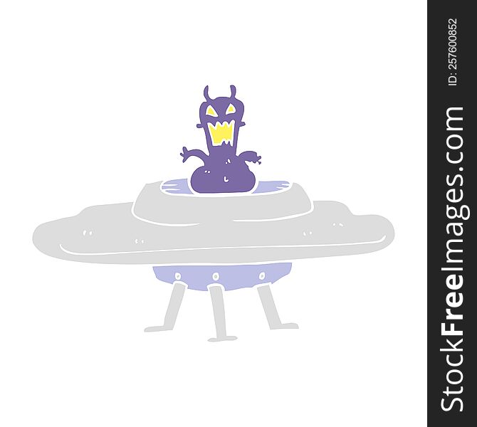 Flat Color Illustration Of A Cartoon Alien In Flying Saucer