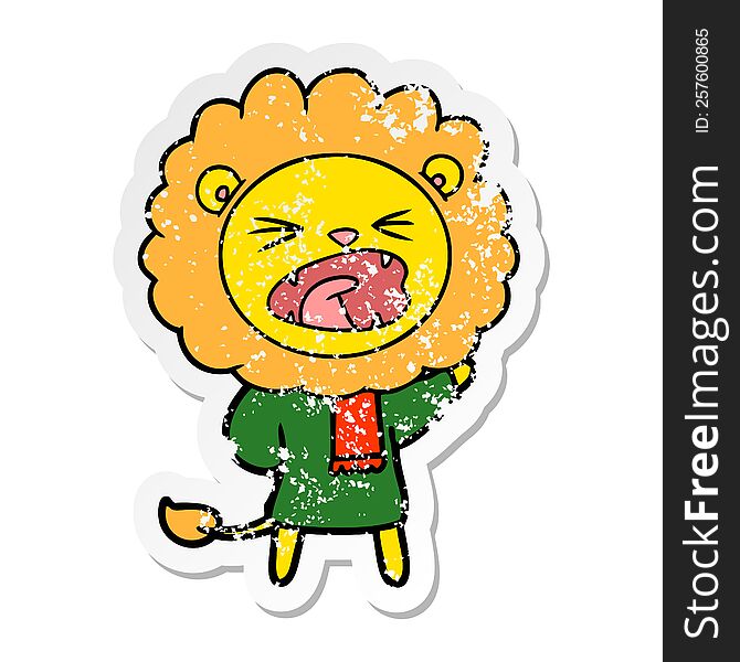 distressed sticker of a cartoon lion in winter clothes