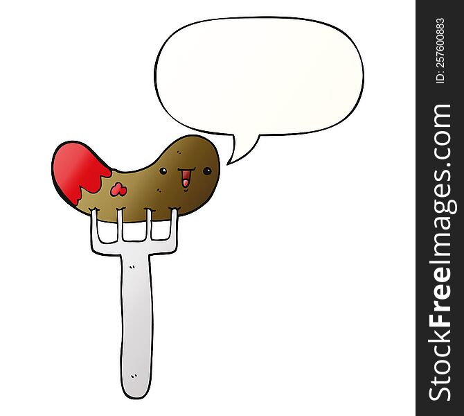 Cartoon Sausage And Fork And Speech Bubble In Smooth Gradient Style