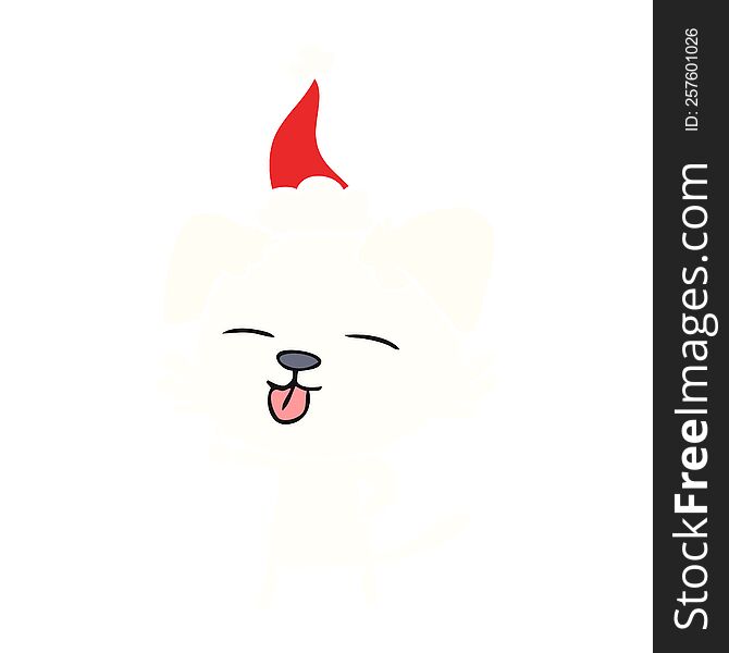 hand drawn flat color illustration of a dog sticking out tongue wearing santa hat