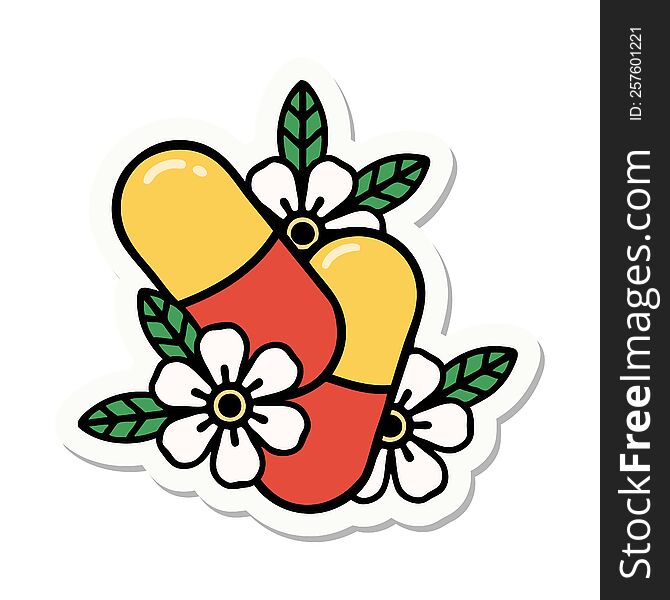 Tattoo Style Sticker Of Pills And Flowers