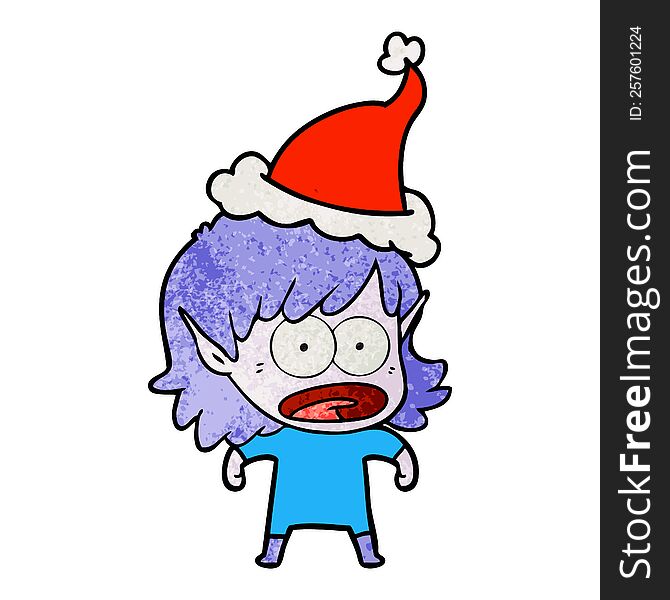 hand drawn textured cartoon of a shocked elf girl wearing santa hat