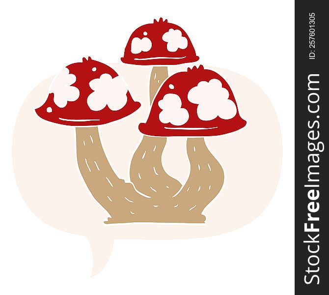 cartoon mushrooms with speech bubble in retro style