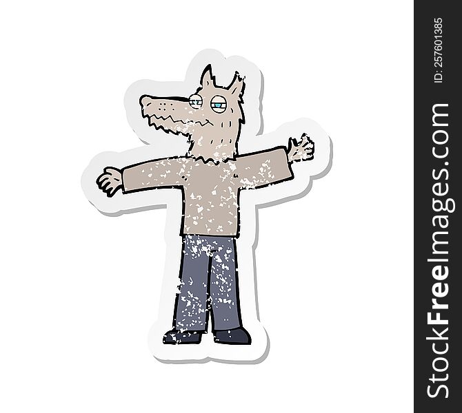 Retro Distressed Sticker Of A Cartoon Happy Wolf Man