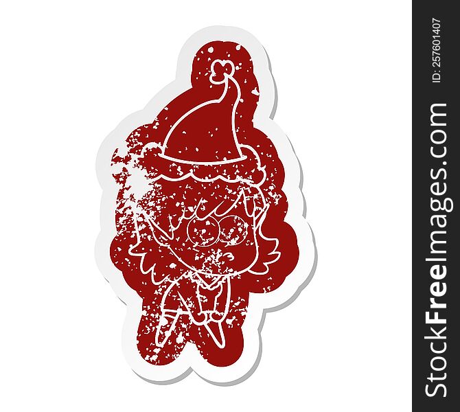 cartoon distressed sticker of a elf girl staring and crouching wearing santa hat