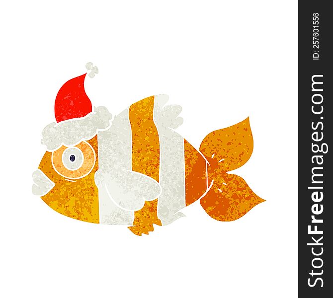 retro cartoon of a exotic fish wearing santa hat