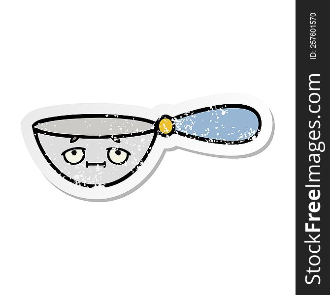 distressed sticker of a cute cartoon measuring spoon