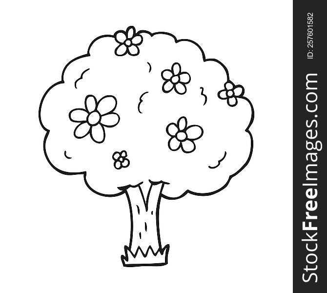 freehand drawn black and white cartoon tree with flowers