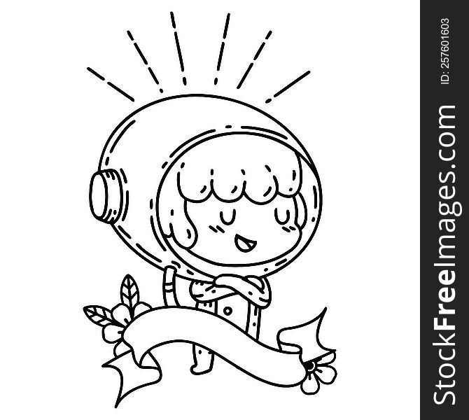 scroll banner with black line work tattoo style woman in astronaut suit