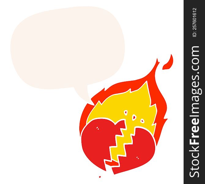 Cartoon Flaming Heart And Speech Bubble In Retro Style