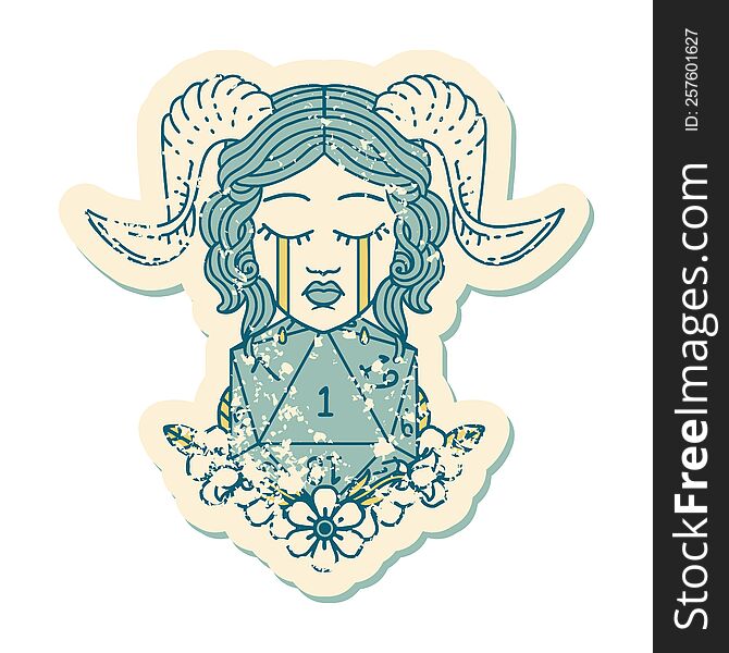 grunge sticker of a crying tiefling with natural one D20 dice roll. grunge sticker of a crying tiefling with natural one D20 dice roll