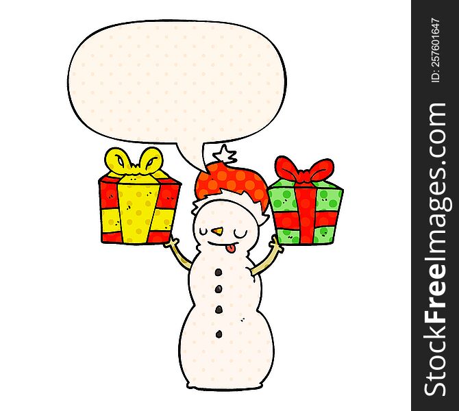 Cartoon Snowman And Present And Speech Bubble In Comic Book Style