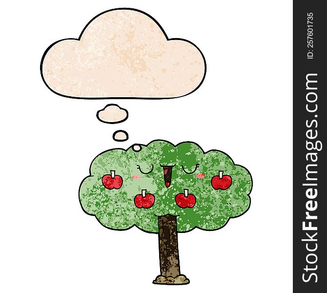 cartoon apple tree and thought bubble in grunge texture pattern style