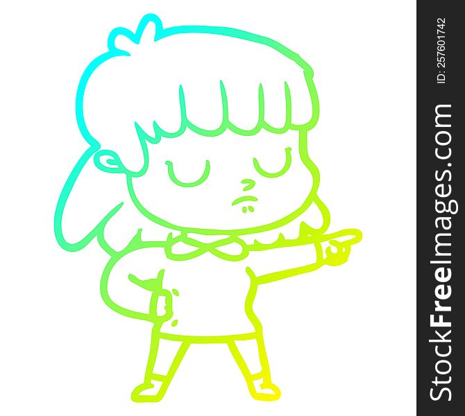 cold gradient line drawing of a cartoon indifferent woman accusing
