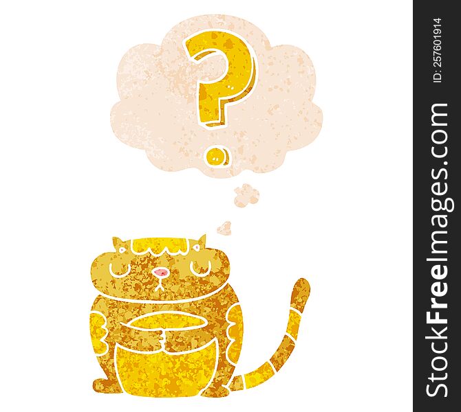 Cartoon Cat With Question Mark And Thought Bubble In Retro Textured Style