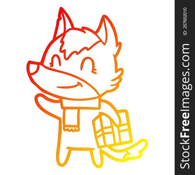 warm gradient line drawing of a friendly cartoon wolf with present