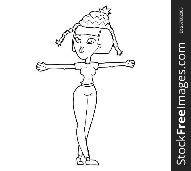 freehand drawn black and white cartoon woman wearing hat