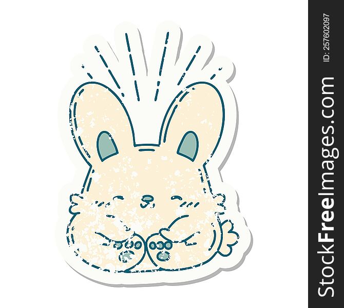 worn old sticker of a tattoo style happy rabbit. worn old sticker of a tattoo style happy rabbit
